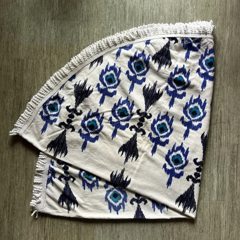 SwimZip White/Blue Ikat Pattern Fringe Trim Terry Cloth Round Beach Towel 60”